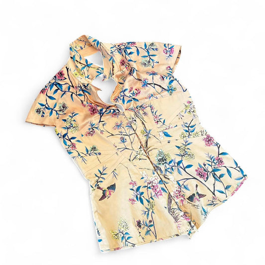 Vintage Roberto Cavalli Rare Bird & Floral Print Silk Blouse