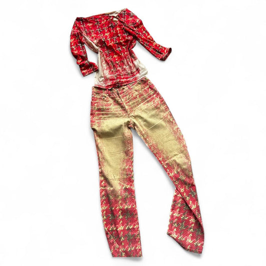 Vintage Roberto Cavalli Red & Gold Checkered Two-Piece Set