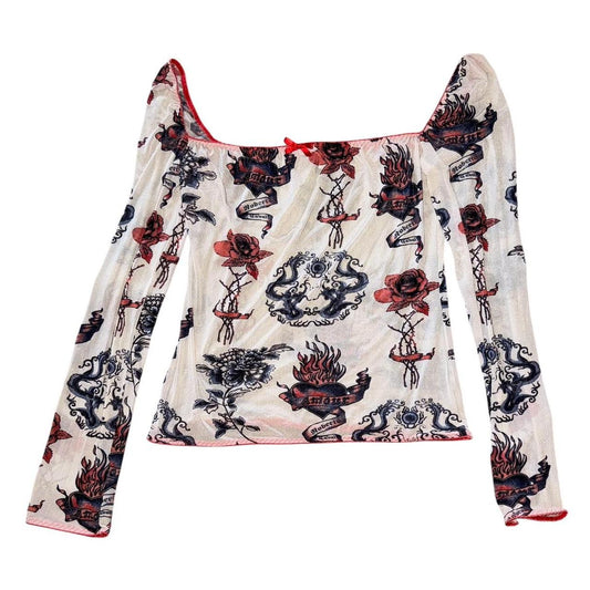 Vintage Roberto Cavalli Tattoo Rose & Thorn Mesh Top