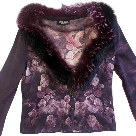Vintage Roberto Cavalli Fall 2000 Floral Cardigan with Fur Collar